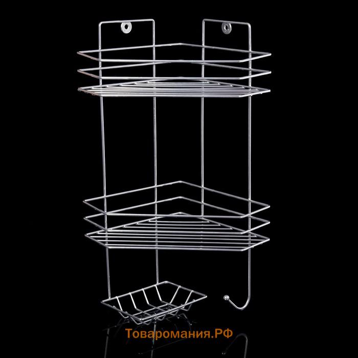 Полка угловая с мыльницей и вешалкой 2-х ярусная, 25,5×42,5 см, цвет хром