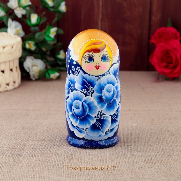 Матрёшка «Гжель», синее платье, 5 кукольная, 15 см