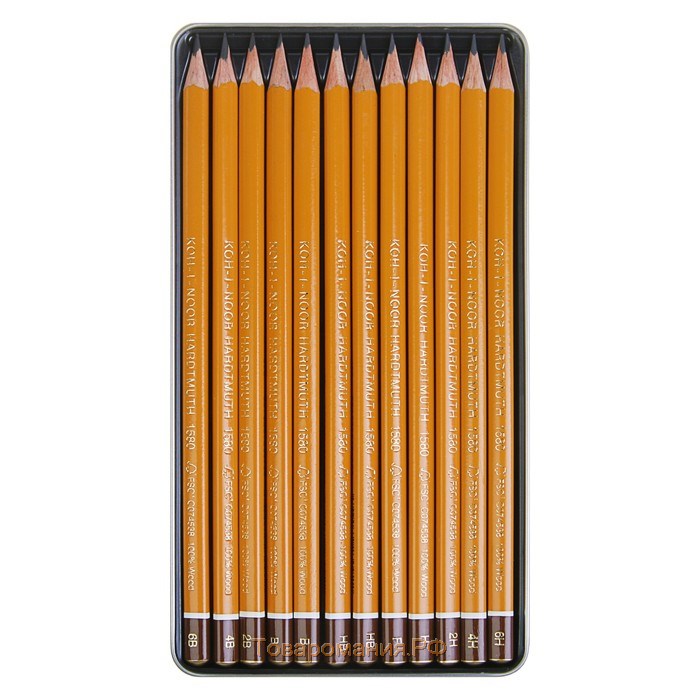 Набор карандашей чернографитных разной твердости 12 штук Koh-I-Noor 1580, 6В-6Н, в металлическом пенале
