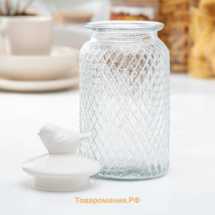 Банка для сыпучих  «Голубки», 1 л, 11×24 см, с керамической крышкой, стекло, прозрачная
