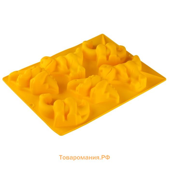Форма для выпечки  «Животные.Динозавры», силикон, 29×21 см, 6 ячеек (10.4×7.2 см), розовая