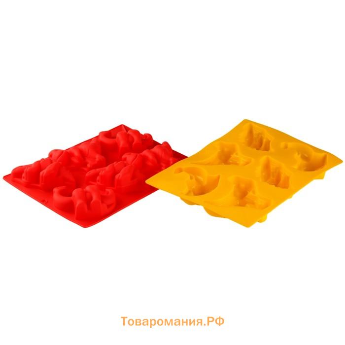 Форма для выпечки  «Животные.Динозавры», силикон, 29×21 см, 6 ячеек (10.4×7.2 см), розовая