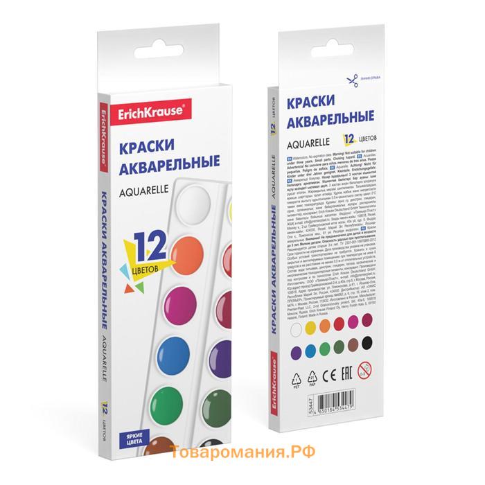 Акварель ErichKrause, 12 цветов, без кисти, мягкий пластик, картонная коробка, европодвес (эконом упаковка)