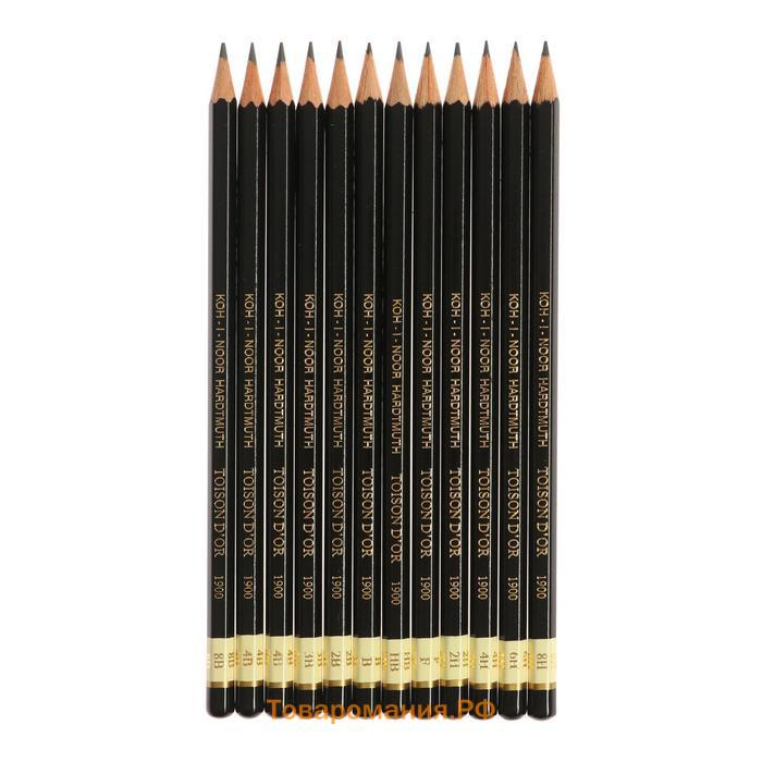 Набор карандашей чернографитных разной твердости 12 штук Koh-I-Noor TOISON D`OR 1902 ART 8B-8H, металлический пенал