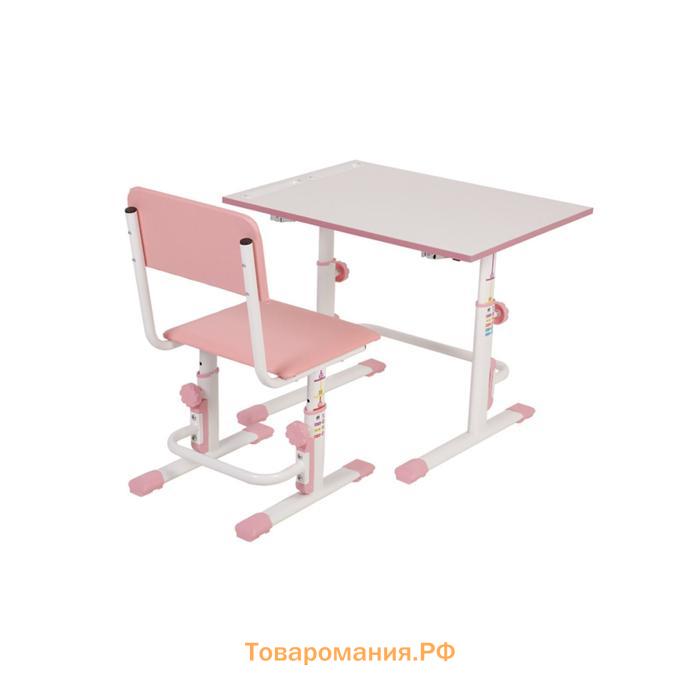 Комплект Polini kids растущая парта-трансформер + регулируемый стул, цвет белый-розовый