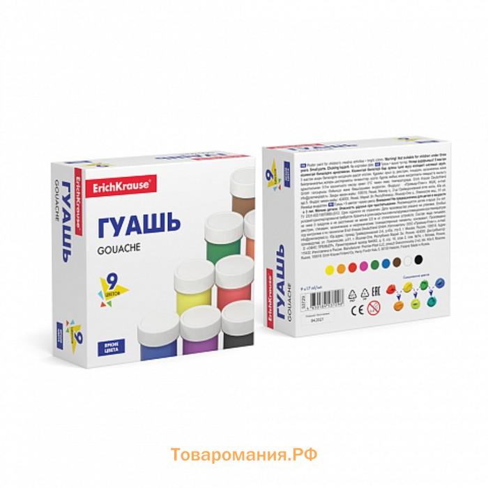 Гуашь 9 цветов × 17 мл ErichKrause Basic, в картонной упаковке