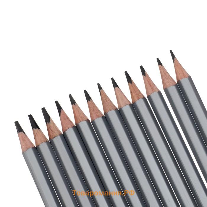 Набор карандашей чернографитных различной твердости 12 штук, ErichKrause,  грифель d=2.2 мм, шестигранные, ударопрочные, серебро, в коробке