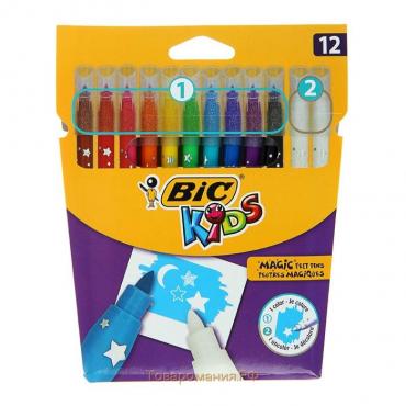 Фломастеры 10 цветов BIC Kids Magic и 2 обесцвечивающих, детские, стираемые