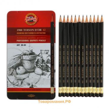 Набор карандашей чернографитных разной твердости 12 штук Koh-I-Noor TOISON D`OR 1902 ART 8B-8H, металлический пенал