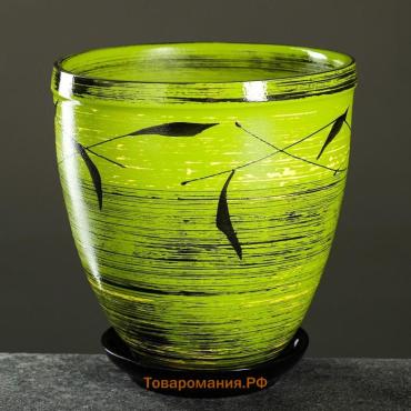 Горшок цветочный с поддоном 2,4л, зеленый с рисунком, "Листья" (М)